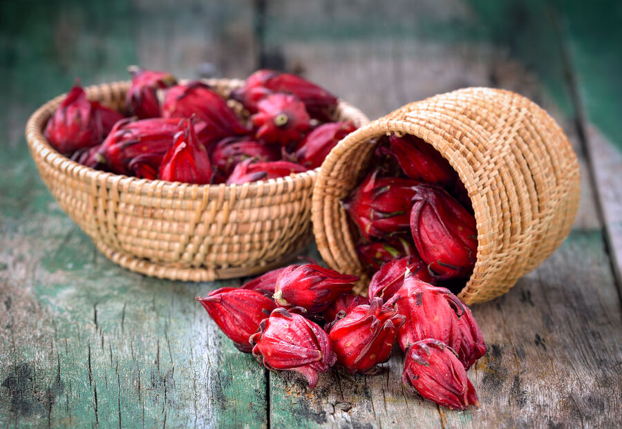 Baskets of red roselle hibiscus